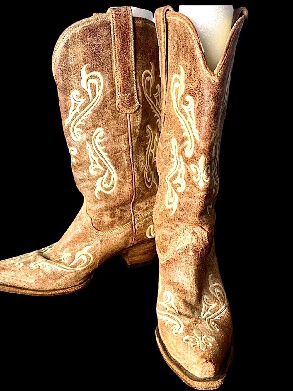 Corral Tan Leather Fleur De Lis Western Cowgirl Boots Snip Toe Sz 7.5 M Boho